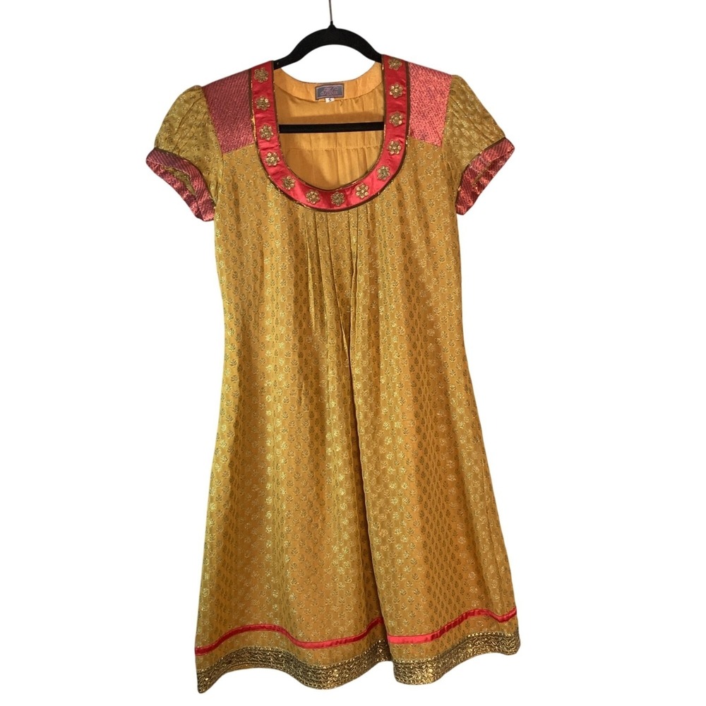 Kibar Indian or South Asian style size Small Gold & Pink Brocade Dress Kurta
